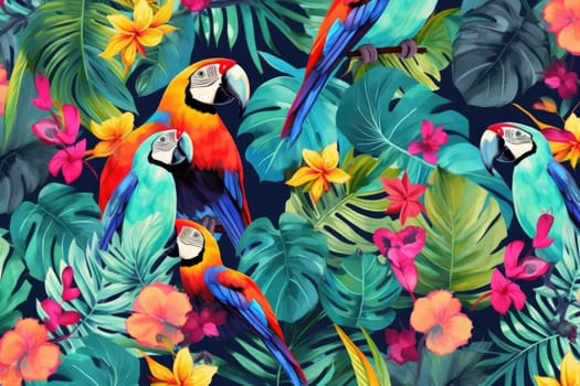 Tropical exotic pattern with animal and flowers in bright colors and lush vegetation. Ai Generative