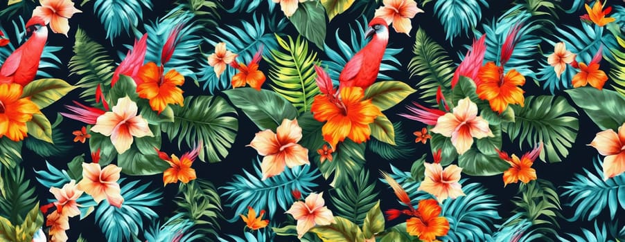 Tropical exotic pattern with animal and flowers in bright colors and lush vegetation. Ai Generative