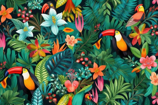 Tropical exotic pattern with animal and flowers in bright colors and lush vegetation. Ai Generative