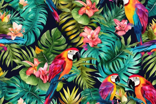 Tropical exotic pattern with animal and flowers in bright colors and lush vegetation. Ai Generative