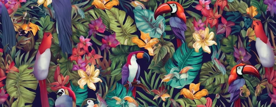 Tropical exotic pattern with animal and flowers in bright colors and lush vegetation. Ai Generative