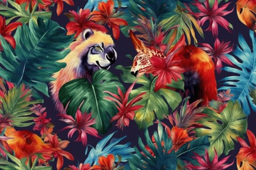 Tropical exotic pattern with animal and flowers in bright colors and lush vegetation. Ai Generative