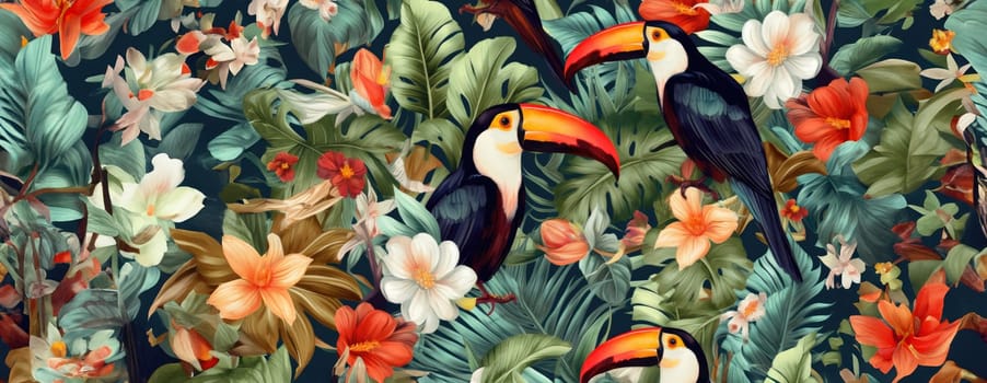 Tropical exotic pattern with animal and flowers in bright colors and lush vegetation. Ai Generative