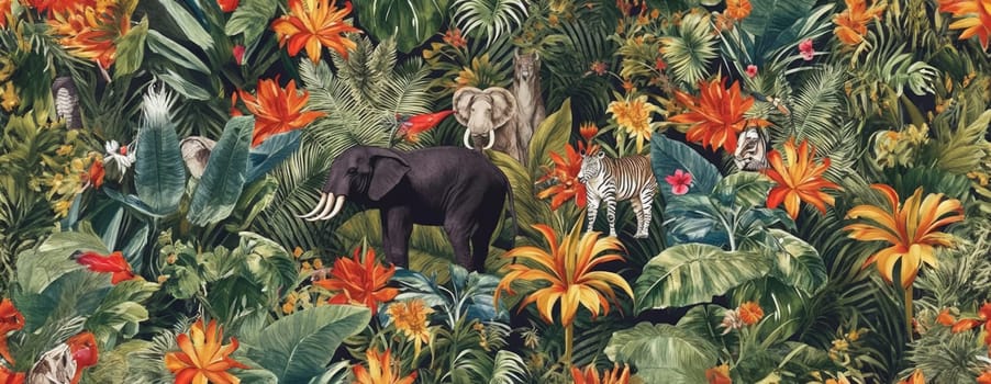 Tropical exotic pattern with animal and flowers in bright colors and lush vegetation. Ai Generative