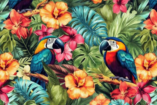 Tropical exotic pattern with animal and flowers in bright colors and lush vegetation. Ai Generative