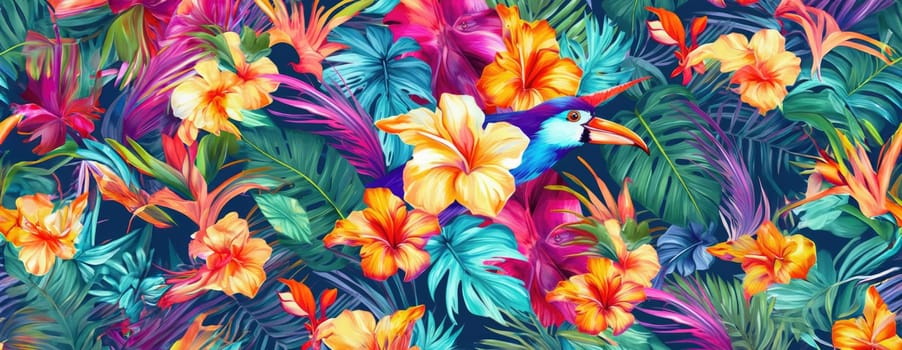 Tropical exotic pattern with animal and flowers in bright colors and lush vegetation. Ai Generative