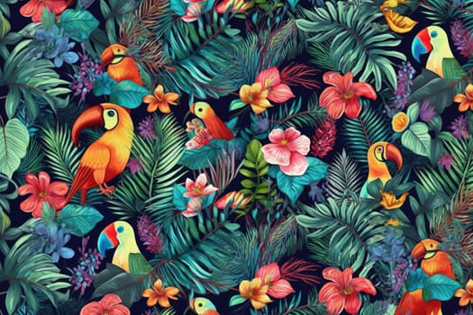 Tropical exotic pattern with animal and flowers in bright colors and lush vegetation. Ai Generative