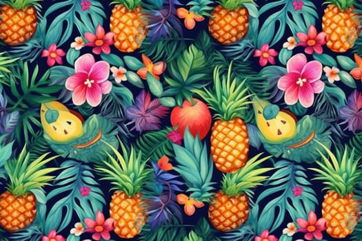 Tropical exotic pattern with animal and flowers in bright colors and lush vegetation. Ai Generative