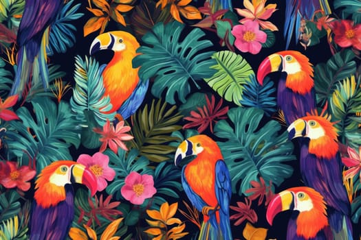 Tropical exotic pattern with animal and flowers in bright colors and lush vegetation. Ai Generative