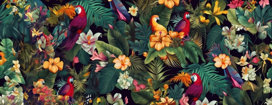 Tropical exotic pattern with animal and flowers in bright colors and lush vegetation. Ai Generative