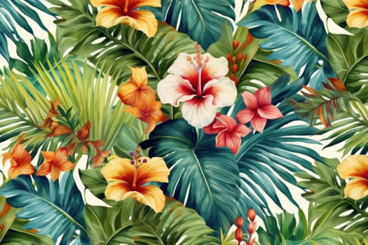 Tropical exotic pattern with animal and flowers in bright colors and lush vegetation. Ai Generative