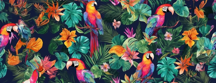 Tropical exotic pattern with animal and flowers in bright colors and lush vegetation. Ai Generative