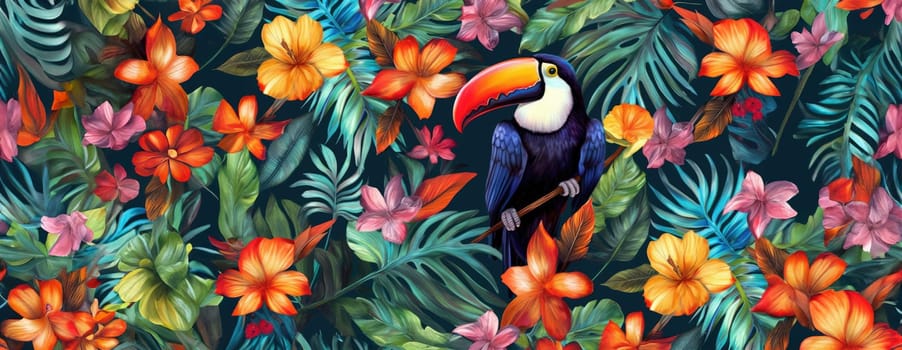 Tropical exotic pattern with animal and flowers in bright colors and lush vegetation. Ai Generative