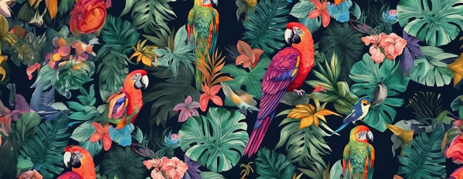 Tropical exotic pattern with animal and flowers in bright colors and lush vegetation. Ai Generative