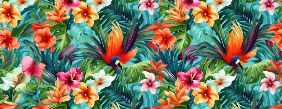 Tropical exotic pattern with animal and flowers in bright colors and lush vegetation. Ai Generative