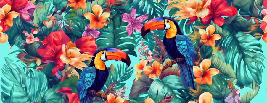 Tropical exotic pattern with animal and flowers in bright colors and lush vegetation. Ai Generative