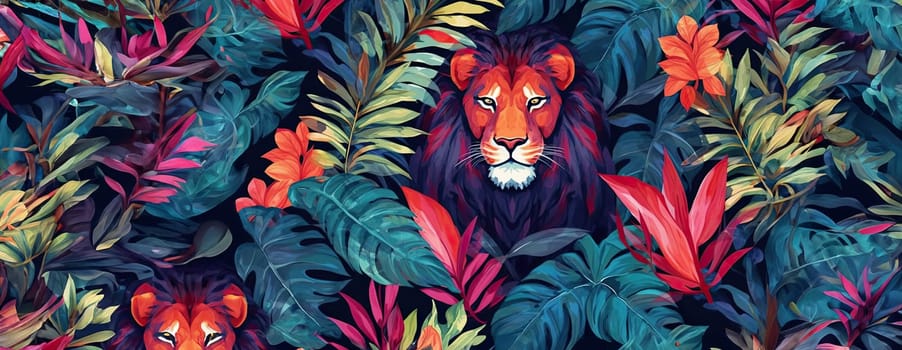 Tropical exotic pattern with animal and flowers in bright colors and lush vegetation. Ai Generative