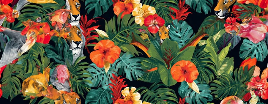 Tropical exotic pattern with animal and flowers in bright colors and lush vegetation. Ai Generative