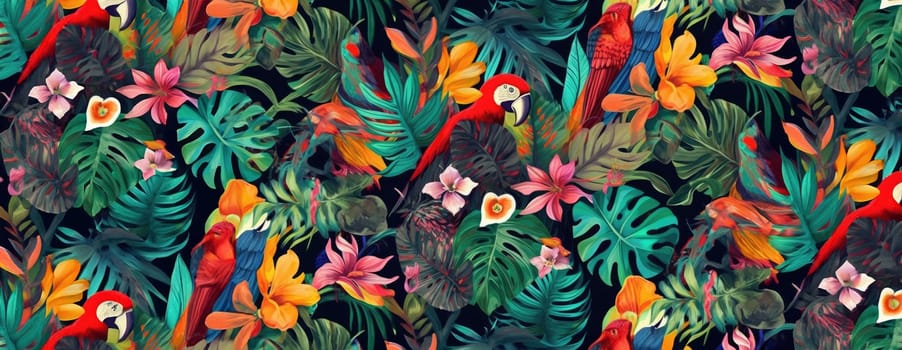 Tropical exotic pattern with animal and flowers in bright colors and lush vegetation. Ai Generative