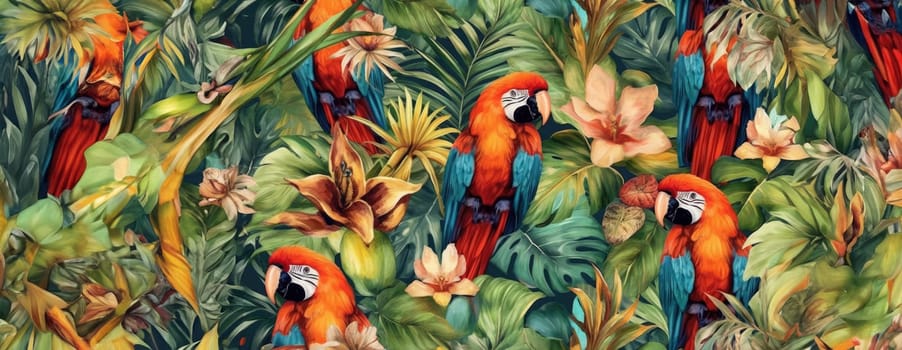 Tropical exotic pattern with animal and flowers in bright colors and lush vegetation. Ai Generative