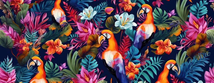 Tropical exotic pattern with animal and flowers in bright colors and lush vegetation. Ai Generative