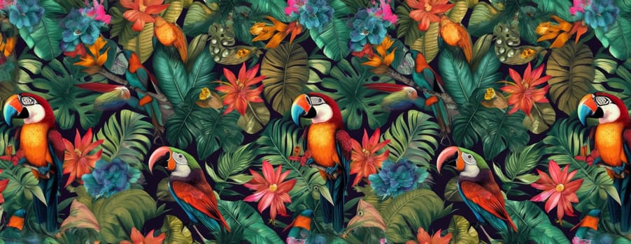 Tropical exotic pattern with animal and flowers in bright colors and lush vegetation. Ai Generative