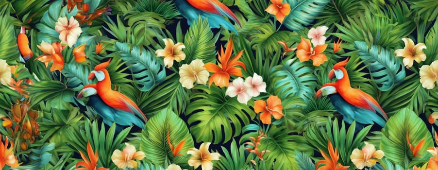 Tropical exotic pattern with animal and flowers in bright colors and lush vegetation. Ai Generative