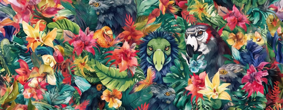 Tropical exotic pattern with animal and flowers in bright colors and lush vegetation. Ai Generative