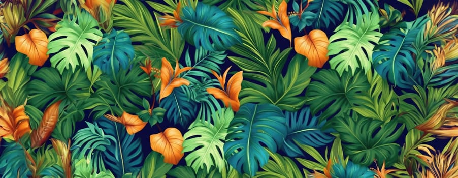 Tropical exotic pattern with animal and flowers in bright colors and lush vegetation. Ai Generative