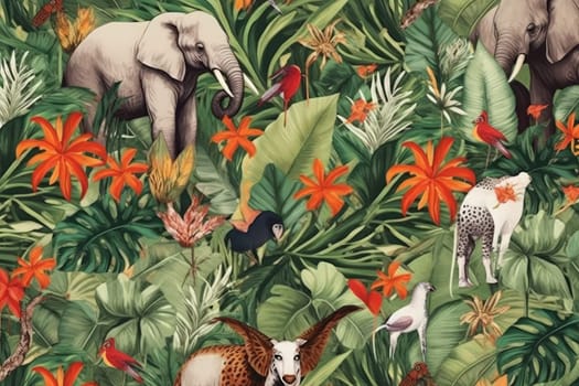 Tropical exotic pattern with animal and flowers in bright colors and lush vegetation. Ai Generative