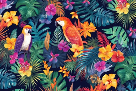 Tropical exotic pattern with animal and flowers in bright colors and lush vegetation. Ai Generative