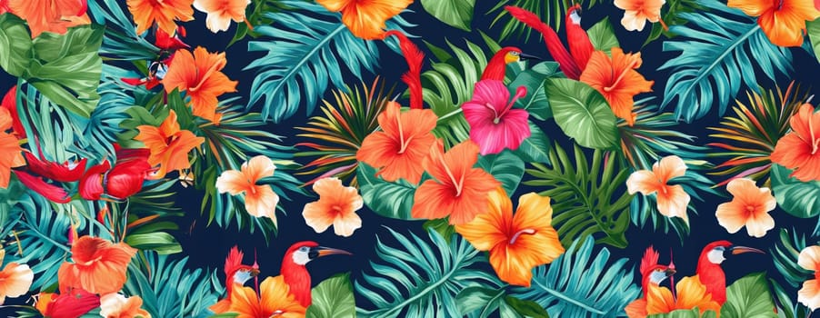 Tropical exotic pattern with animal and flowers in bright colors and lush vegetation. Ai Generative