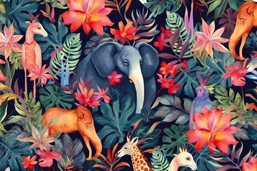 Tropical exotic pattern with animal and flowers in bright colors and lush vegetation. Ai Generative