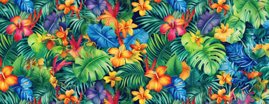 Tropical exotic pattern with animal and flowers in bright colors and lush vegetation. Ai Generative