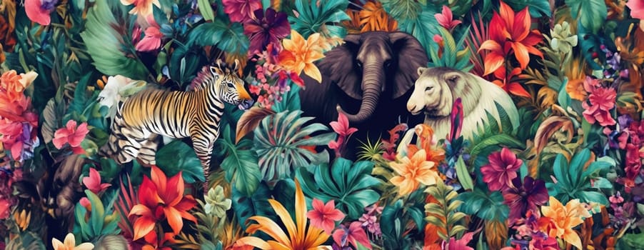 Tropical exotic pattern with animal and flowers in bright colors and lush vegetation. Ai Generative