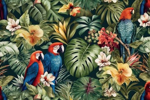 Tropical exotic pattern with animal and flowers in bright colors and lush vegetation. Ai Generative