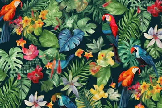 Tropical exotic pattern with animal and flowers in bright colors and lush vegetation. Ai Generative