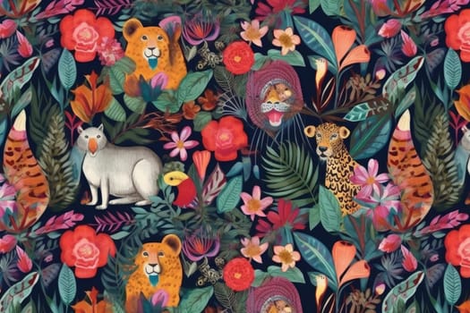 Tropical exotic pattern with animal and flowers in bright colors and lush vegetation. Ai Generative