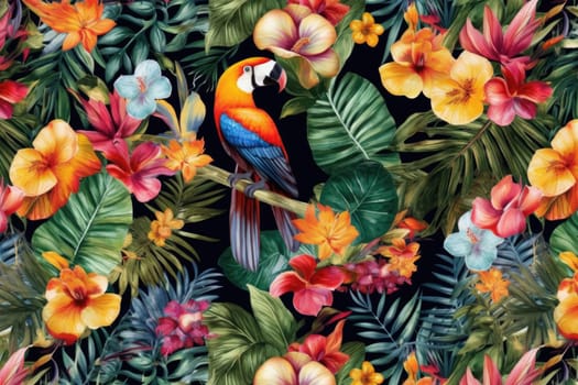 Tropical exotic pattern with animal and flowers in bright colors and lush vegetation. Ai Generative