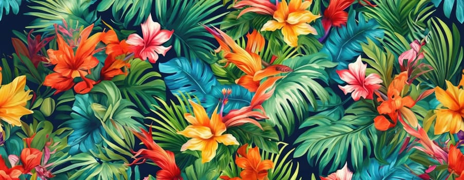 Tropical exotic pattern with animal and flowers in bright colors and lush vegetation. Ai Generative