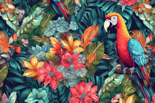 Tropical exotic pattern with animal and flowers in bright colors and lush vegetation. Ai Generative