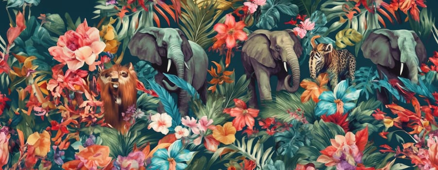 Tropical exotic pattern with animal and flowers in bright colors and lush vegetation. Ai Generative