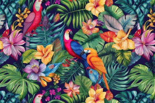 Tropical exotic pattern with animal and flowers in bright colors and lush vegetation. Ai Generative