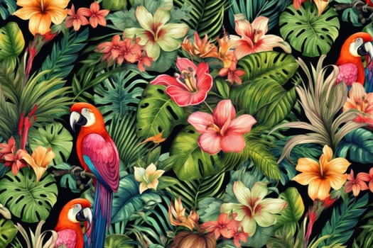 Tropical exotic pattern with animal and flowers in bright colors and lush vegetation. Ai Generative