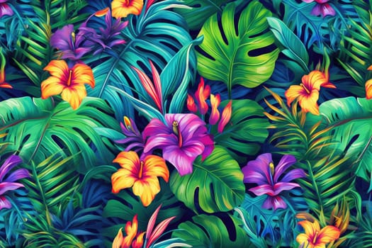 Tropical exotic pattern with animal and flowers in bright colors and lush vegetation. Ai Generative