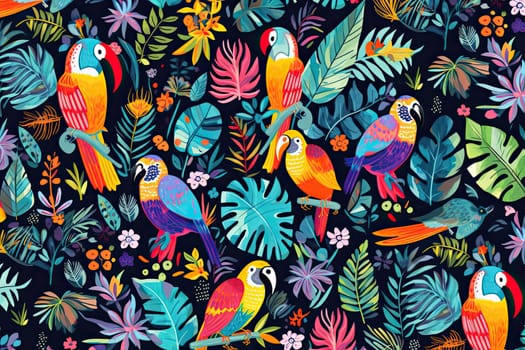 Tropical exotic pattern with animal and flowers in bright colors and lush vegetation. Ai Generative