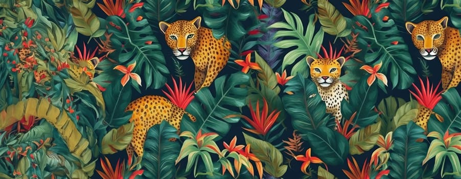 Tropical exotic pattern with animal and flowers in bright colors and lush vegetation. Ai Generative