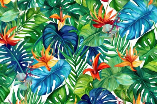 Tropical exotic pattern with animal and flowers in bright colors and lush vegetation. Ai Generative