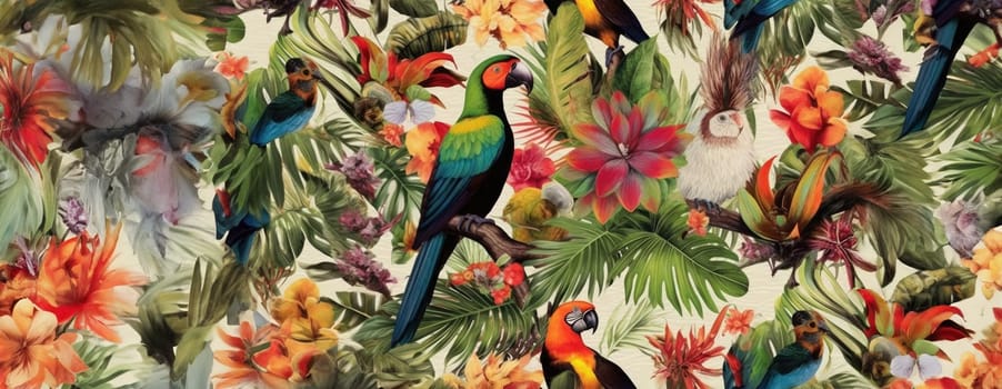 Tropical exotic pattern with animal and flowers in bright colors and lush vegetation. Ai Generative