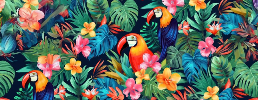 Tropical exotic pattern with animal and flowers in bright colors and lush vegetation. Ai Generative